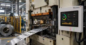 Stamping press on a factory floor with real-time monitoring display
