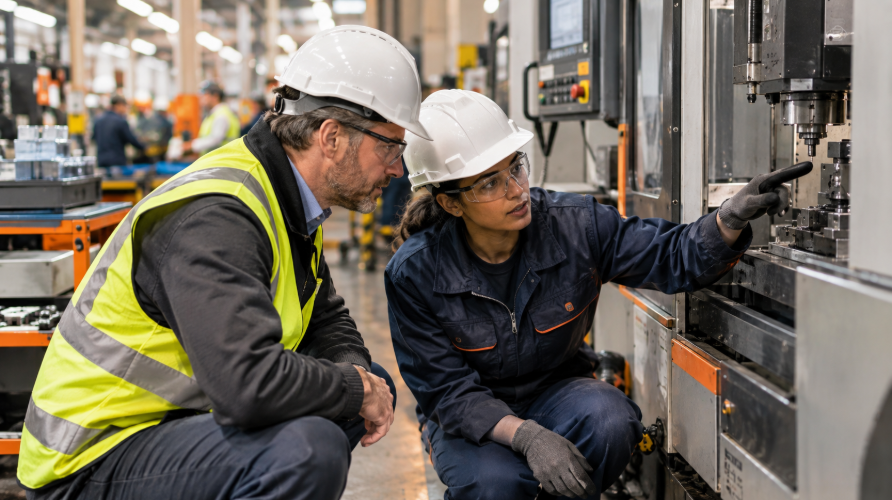 Plant leader crouching beside a machine operator on the shop floor during a Gemba walk, both examining the same point on the production line